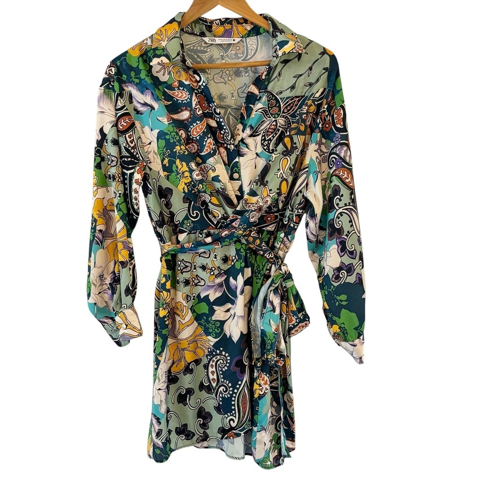 Zara Paisley Patchwork Print Satin Effect Wrap Shirt Dress Womens M Multicolor